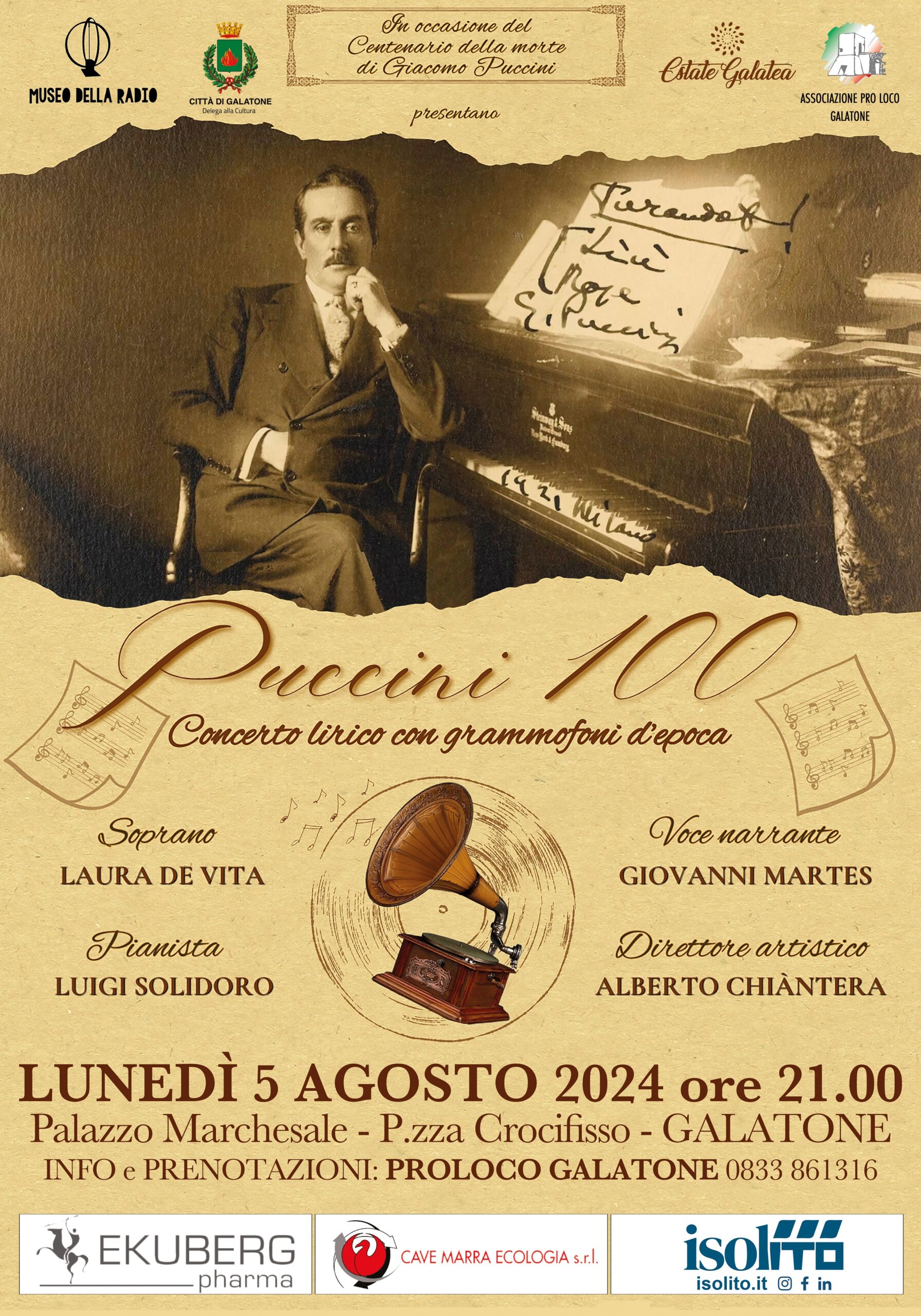 locandina del Concerto con grammofoni d'epoca a Galatone dal titolo Puccini 100