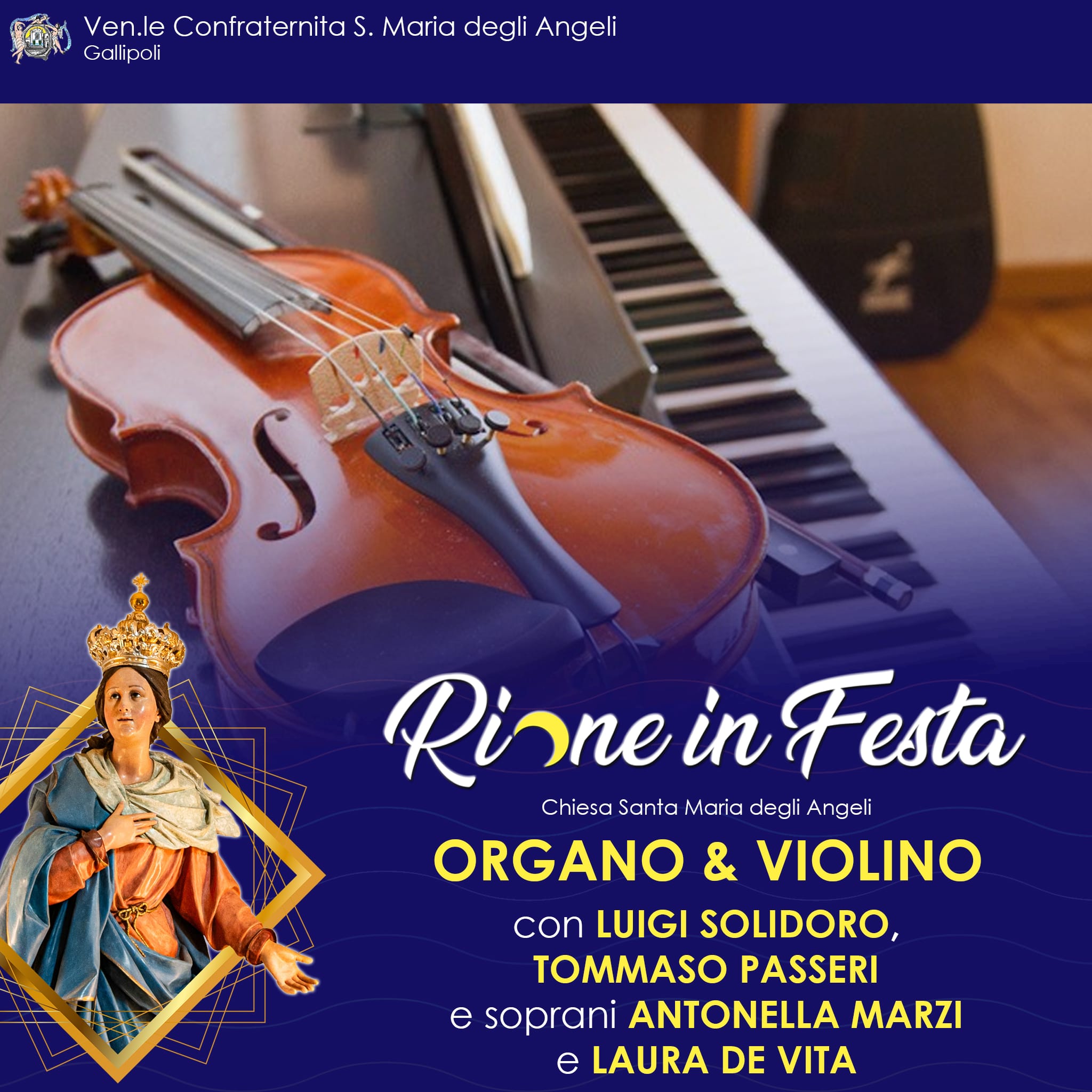 locandina del concerto di musica sacra con organo antico a cura della della Confraternita di S. Maria degli Angeli nell'ambito dell'iniziativa Rione in Festa